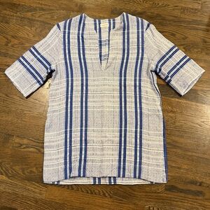 By Malene Birger Linen Cotton Striped Tunic Top V-Neck Size 40 US 10 Blue Woven